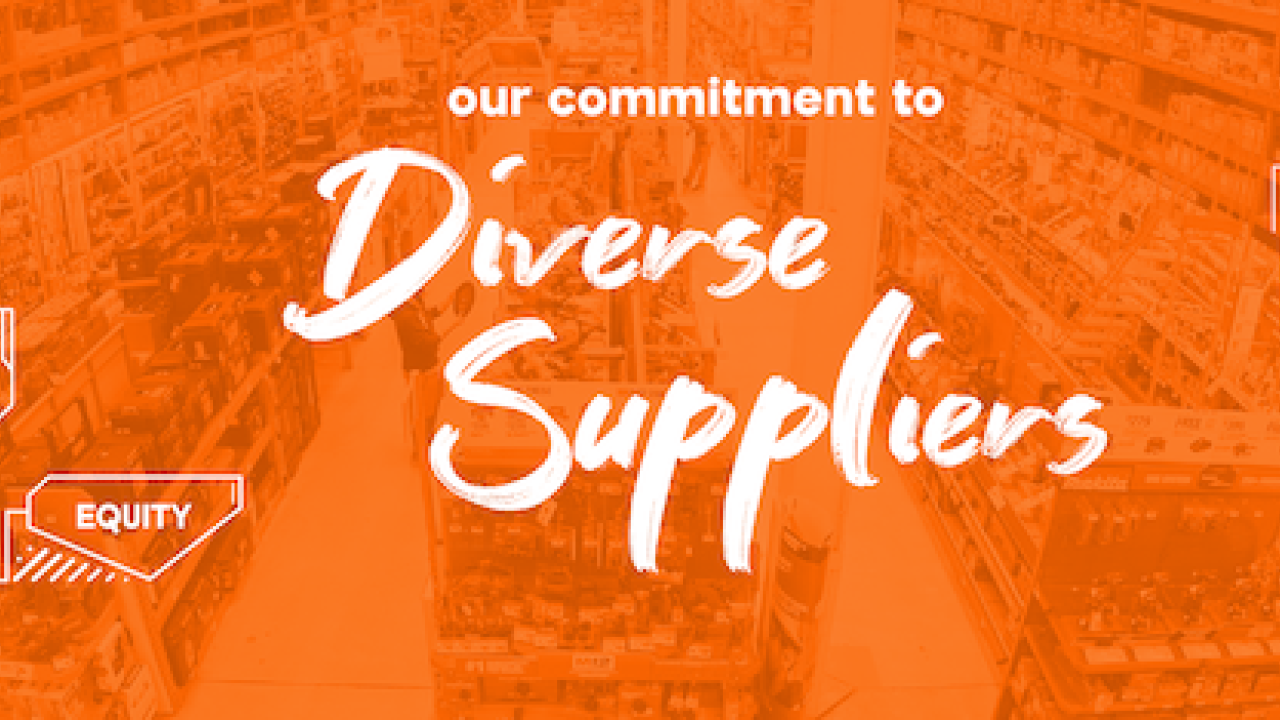 Our commitment to Diverse Suppliers: Orange back ground with small boxes with text: diversity, equity and inclusion.