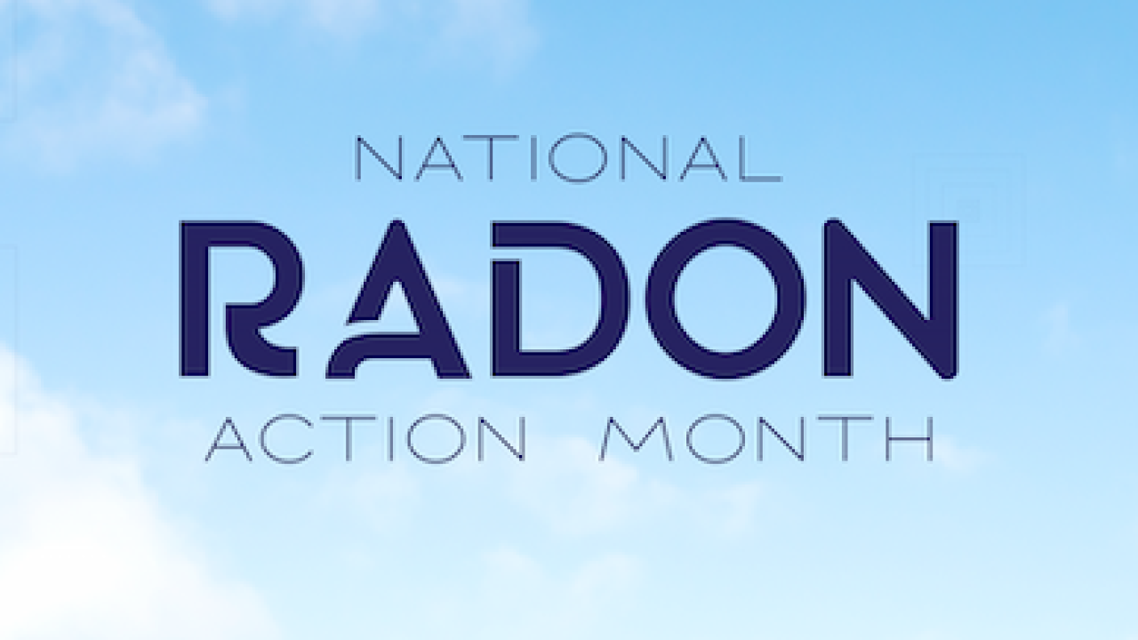 National Radon Action Month logo on a blue sky with white clouds.