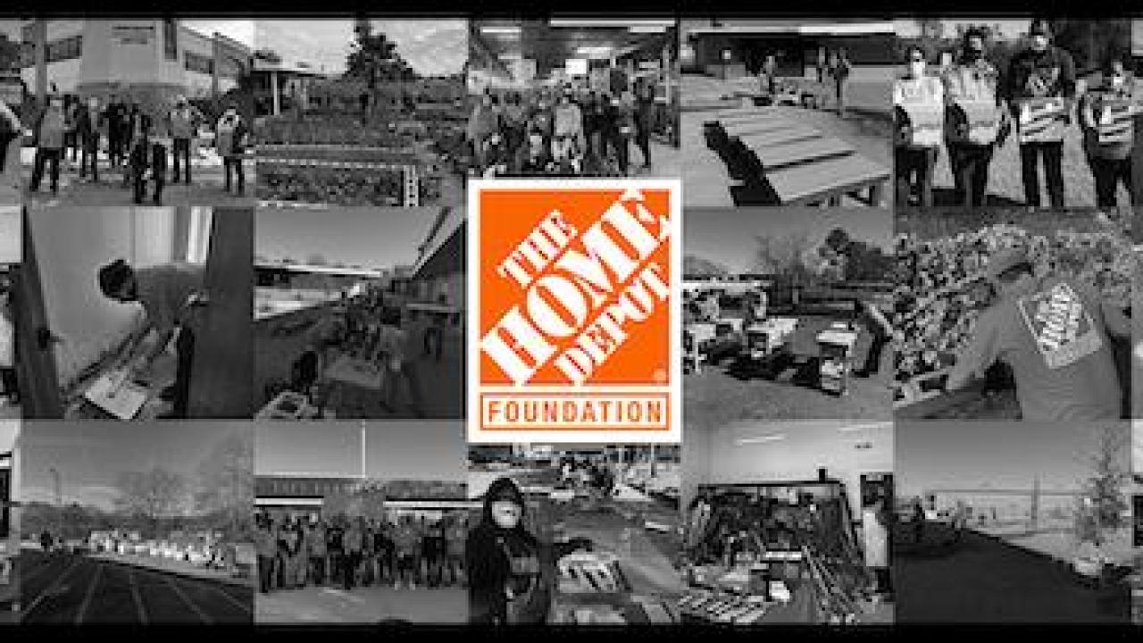 The Home Depot Foundation logo: Montage of volunteer workers from Home Depot doing assorted tasks (construction, clean up).