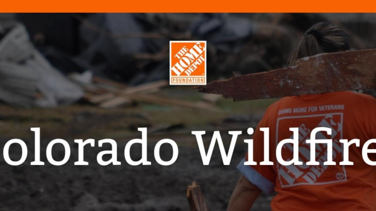 The Home Depot Foundation logo. "Colorado Wildfires", Female home depot volunteer carrying a piece of wood.