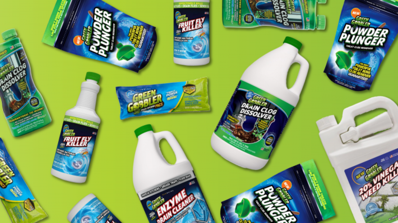 Green Gobbler Products laid down on a green surface.