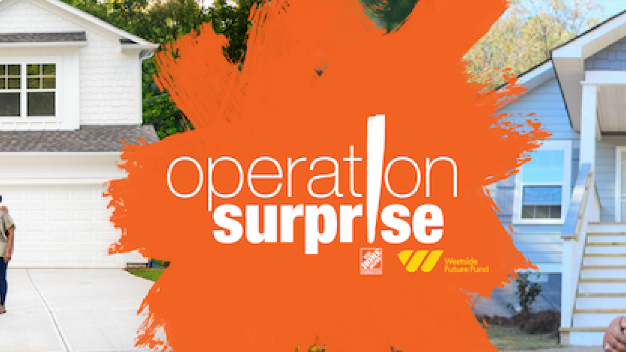 Operation Surprise logo. Family is standing in front of their newly renovated home. A woman is hugging a young girl. 