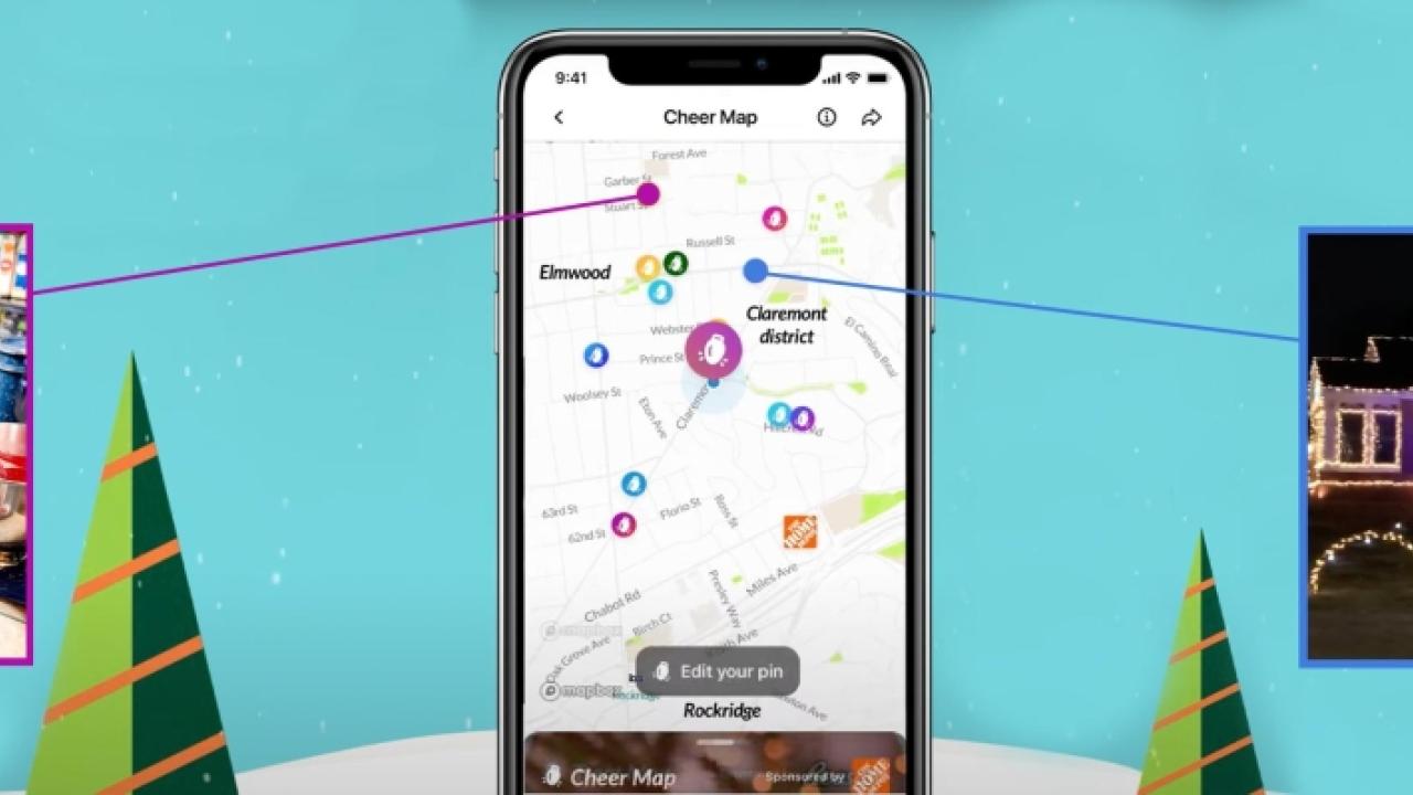 Banner for Cheer Map showing Tricia baking, an iPhone with the Cheer Map app and a decorated home with holiday lights.