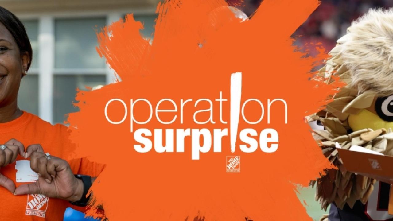 Operation Surprise logo: Woman holding her hands in the shape of a heart. Man opening a box.