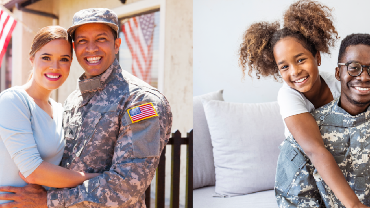 Two military families: Man and woman outside with an American flag behind them. Man and a woman inside with a flag folded. Both men are wearing camouflage uniforms. 