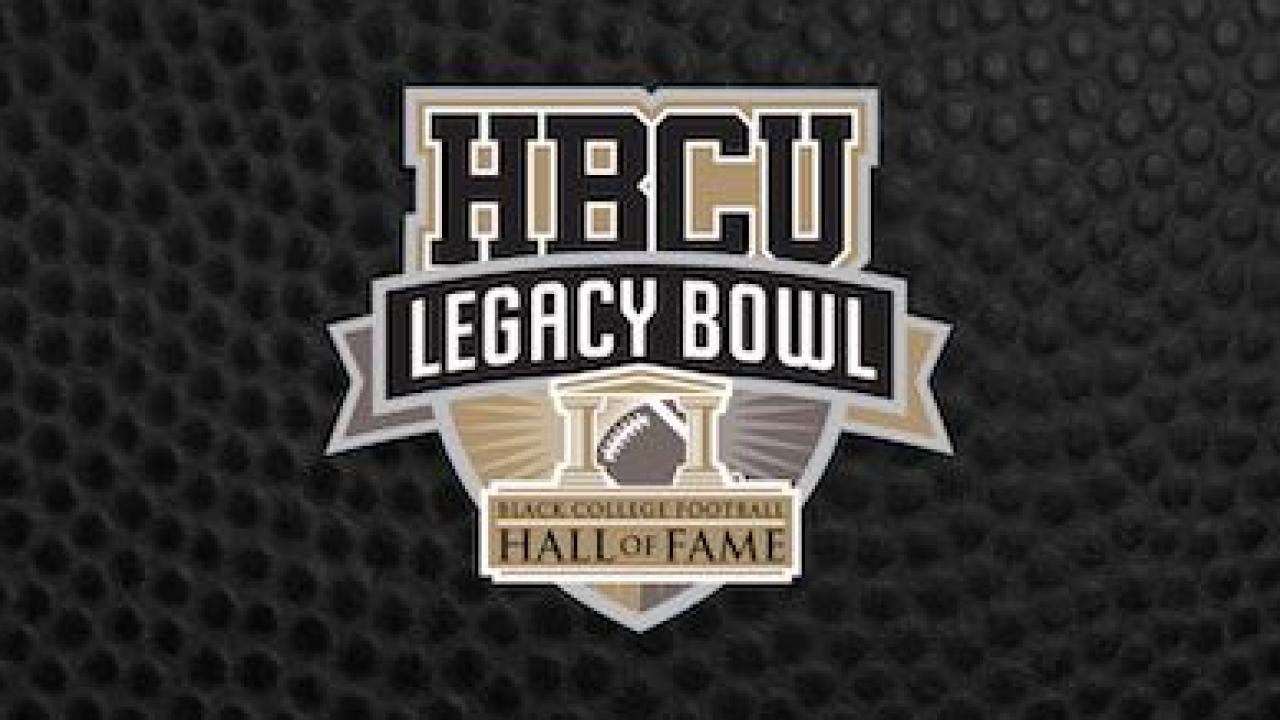 HBCU Legacy Bowl logo on a black background; Black College Football Hall of Fame