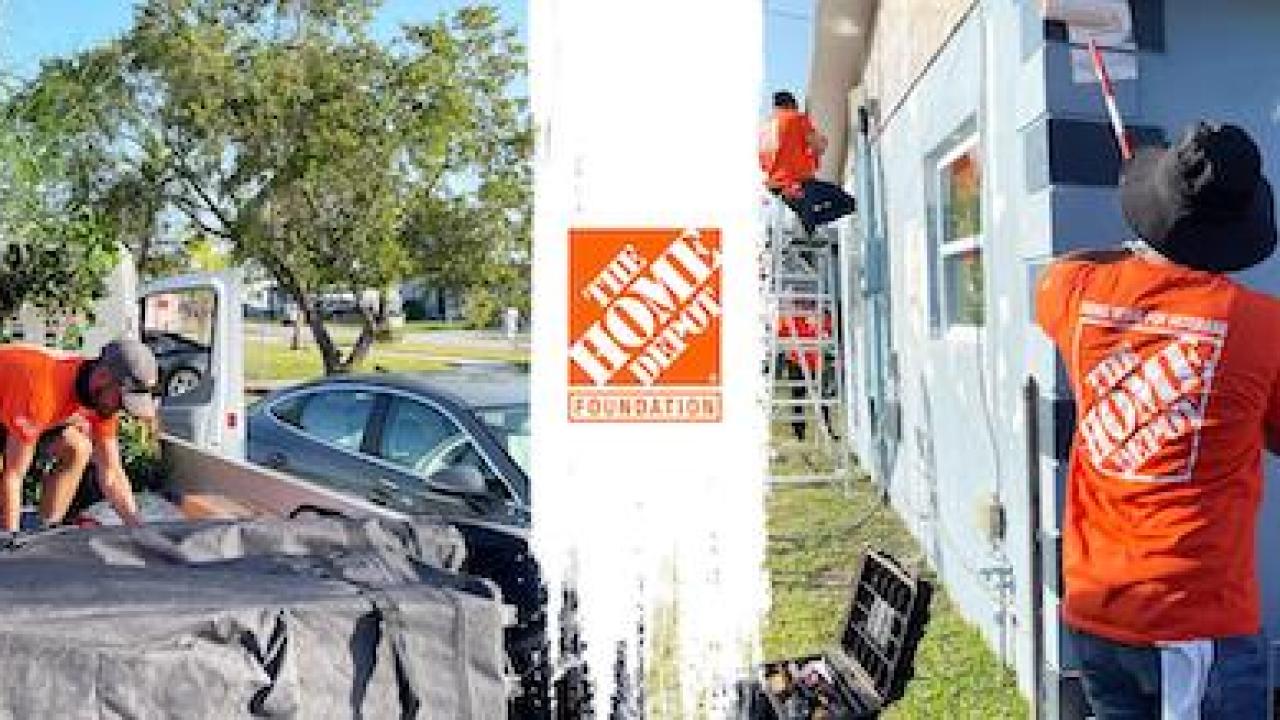 Two photos of Rebuilding Miami-Dade team painting the house and performing landscaping in the front yard..