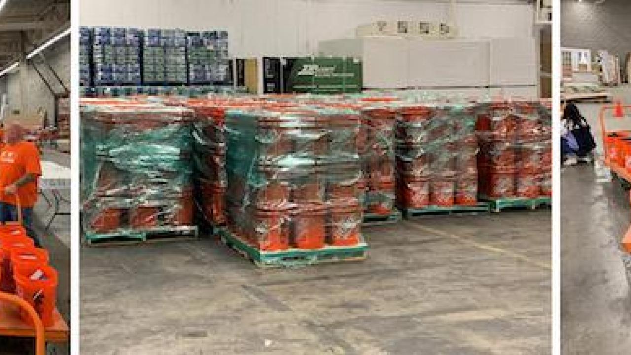 Team Depot volunteers are shown preparing 800 relief kits in the TX warehouse.
