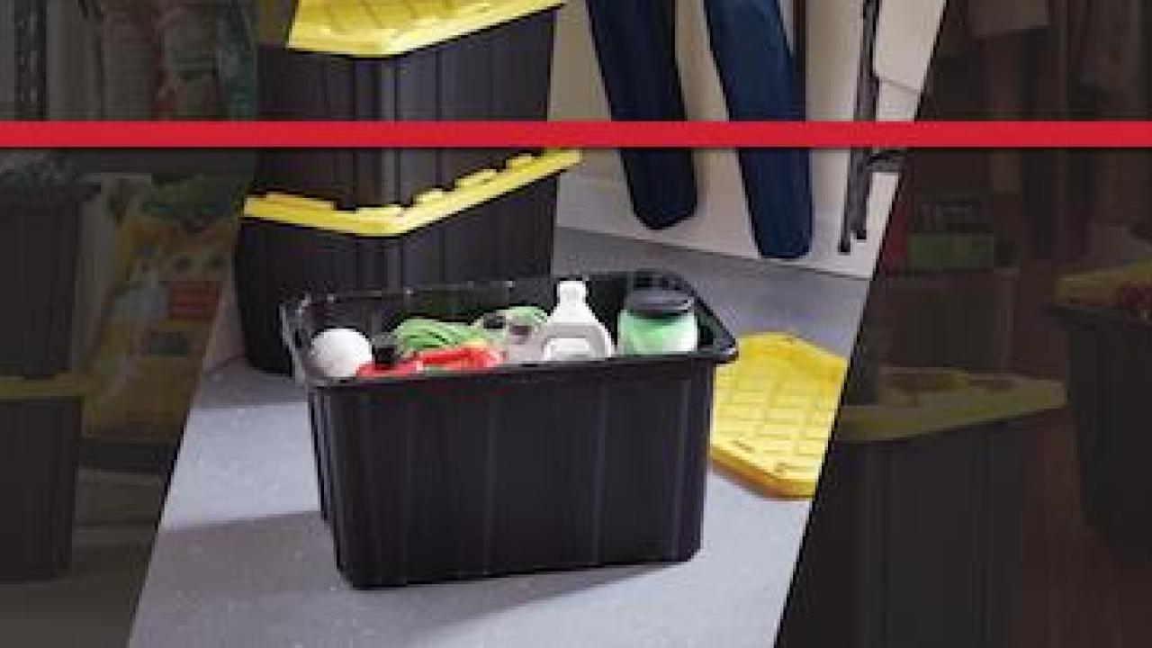 Edge plastics: Photo shows Edge bin filled with cleaning supplies.