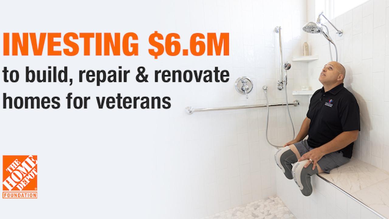 Investing $6.6M to build, repair & renovate homes for veterans. Veteran, who has lost both legs below the knee, is seated on a bench in a bathtub.