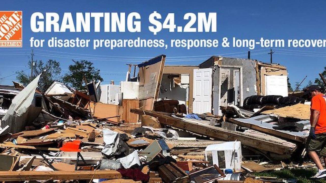 The Home Depot Foundation Granting $4.2M for disaster preparedness, response and long term recovery. Houses destroyed by a hurricane are pictured.