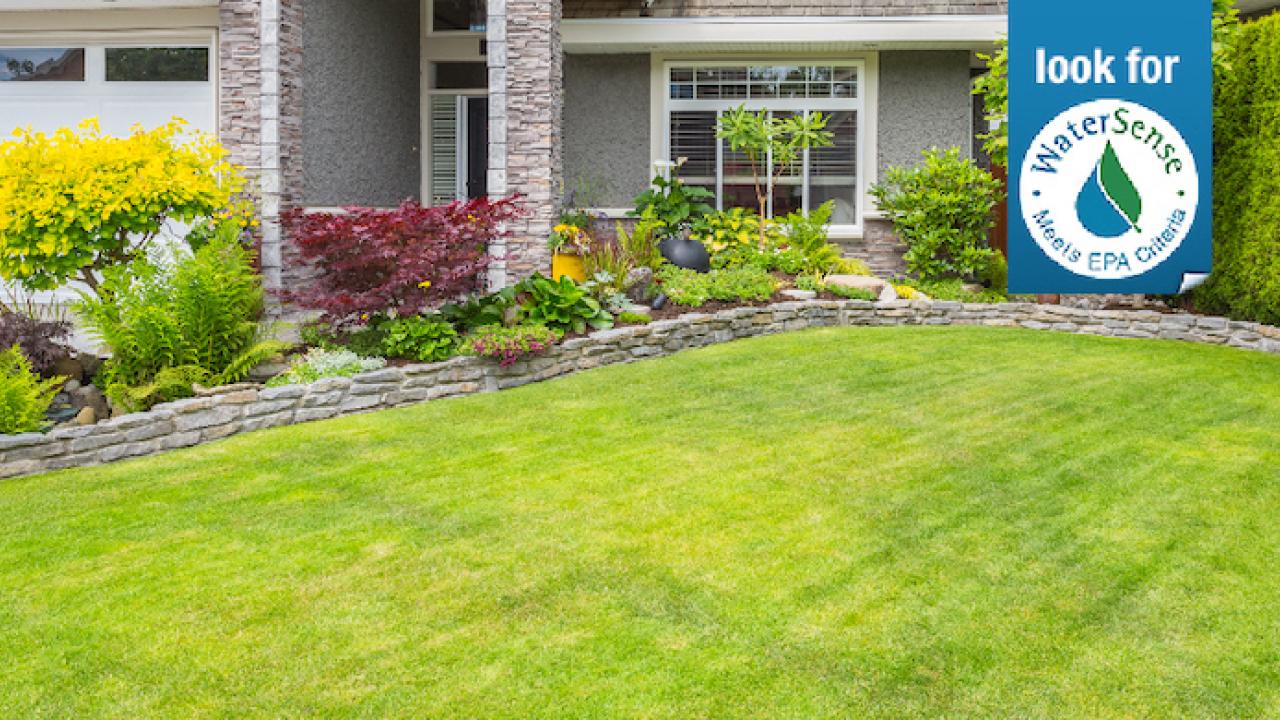 Look for WaterSense EPA; Meets EPA Criteria logo. Photo of a grassy back yard.