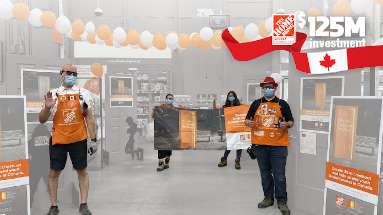 Four Home Depot employees are shown with a Canadian flag in the background. $125M investment is shown next to the HD logo.