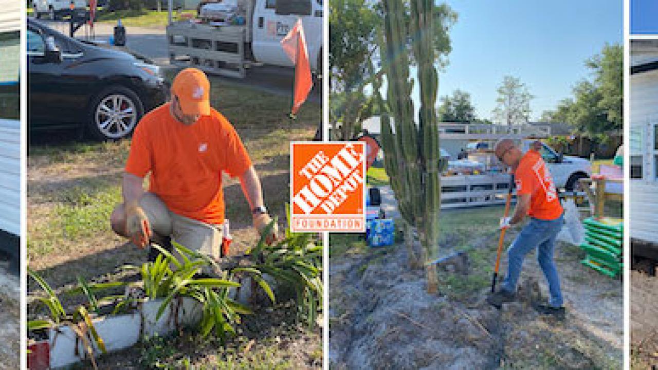 Photo montage of Home Depot volunteers performing gardening, painting, raking and planting.
