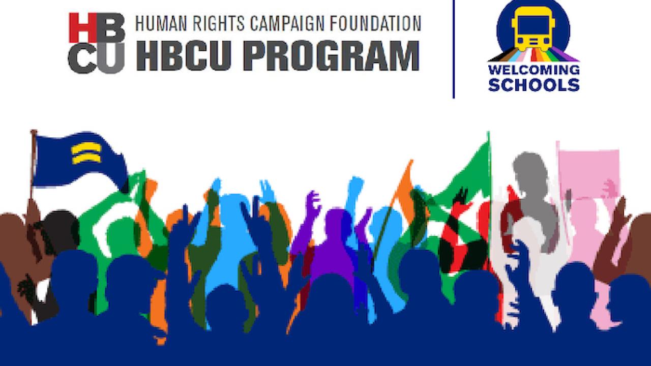 HBCU Logo; Welcoming Schools. Image of people with raised hands in celebration.