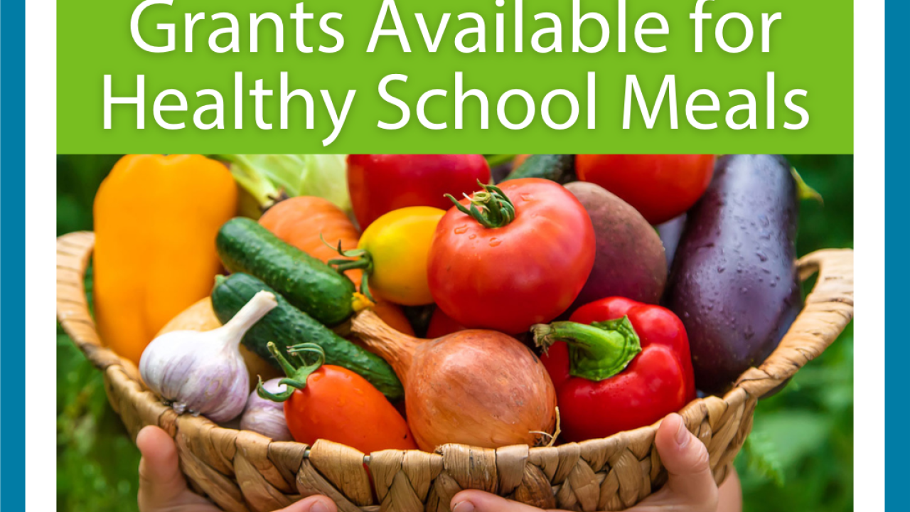 Basket of vegetables being held by a kid's hands. Text says Grants Available for Healthy School Meals. Apply now at: www.healthymealsincentives.org