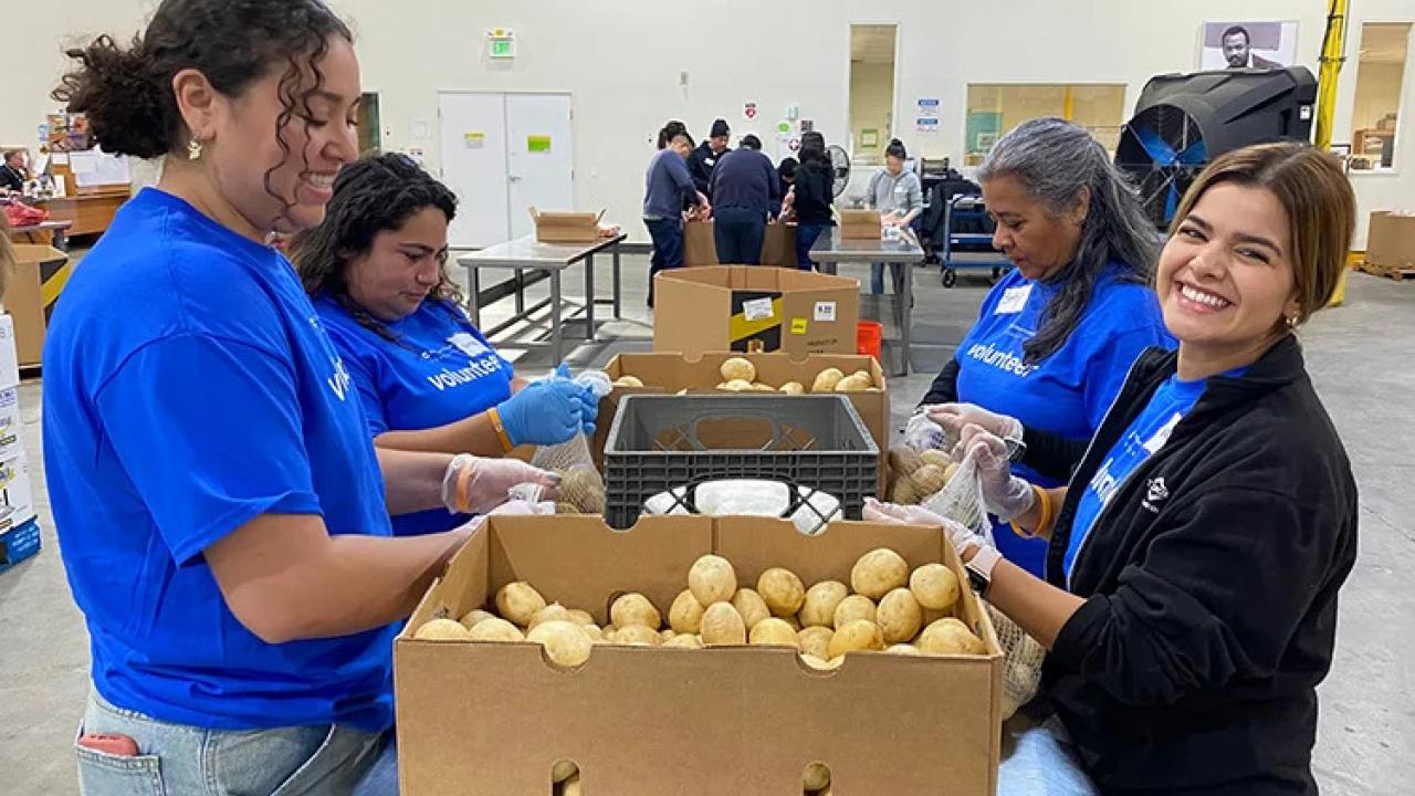 Volunteers in a warehouse packing potatoes from a box.