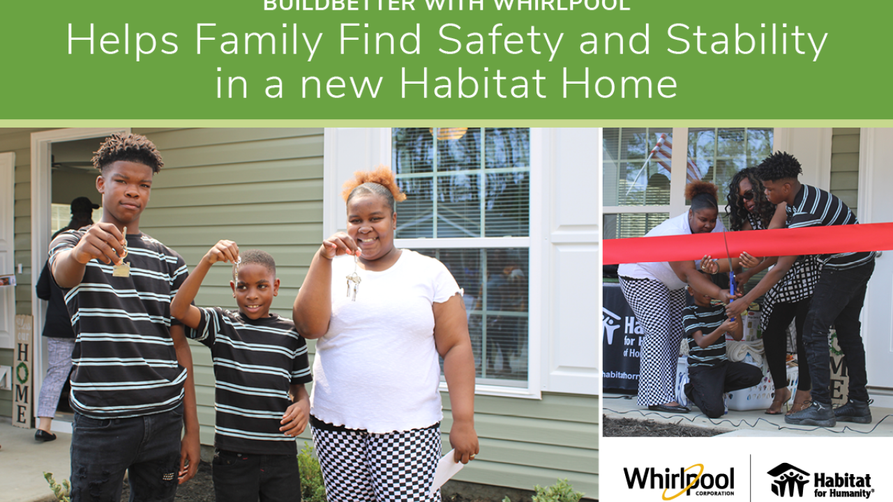 two photos of a family outside their new home