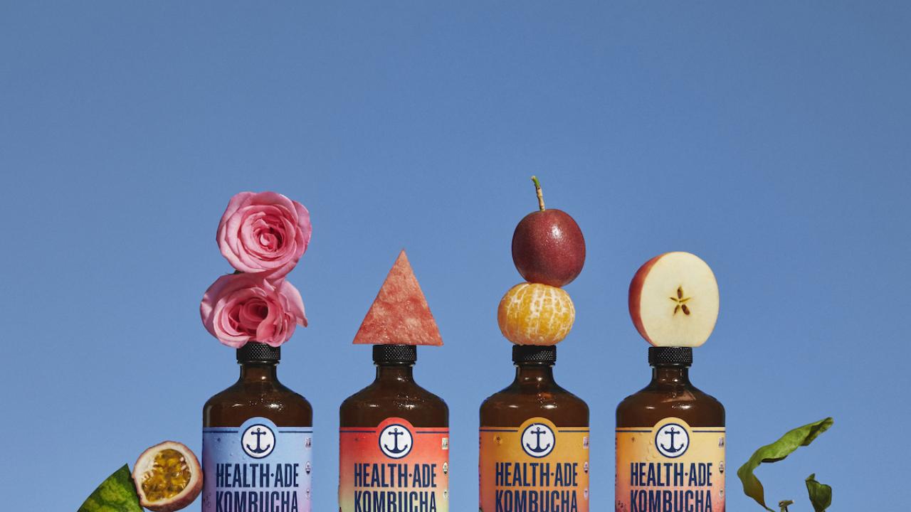 four bottles of Health Ade Kombucha side-by-side