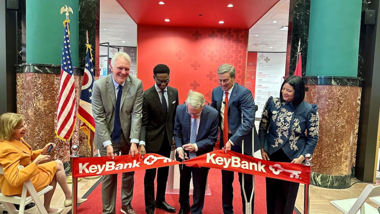 Photo: Cuyahoga County Executive Chris Ronayne, Cleveland Mayor Justin Bibb, Ohio Governor Mike DeWine, KeyCorp Chairman and CEO Chris Gorman, Cleveland Foundation President and CEO Lillian Kuri.