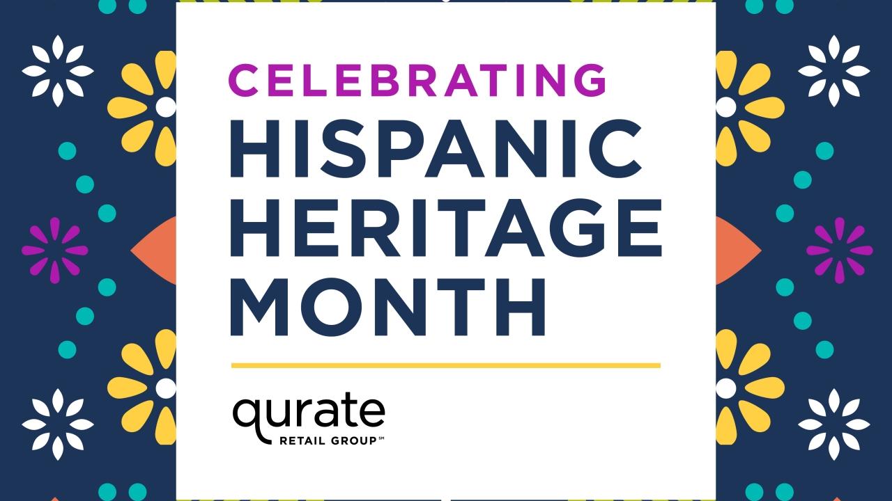 A photo with a purple, green, orange and yellow patterned background which reads Celebrating Hispanic Heritage Month Qurate Retail Group