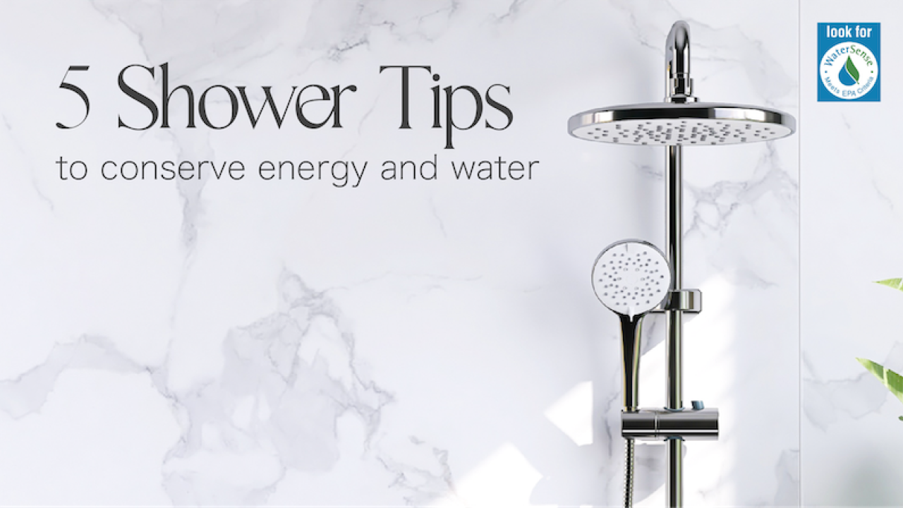 5 Shower Tips to conserve energy and water. Shower shown in photo.