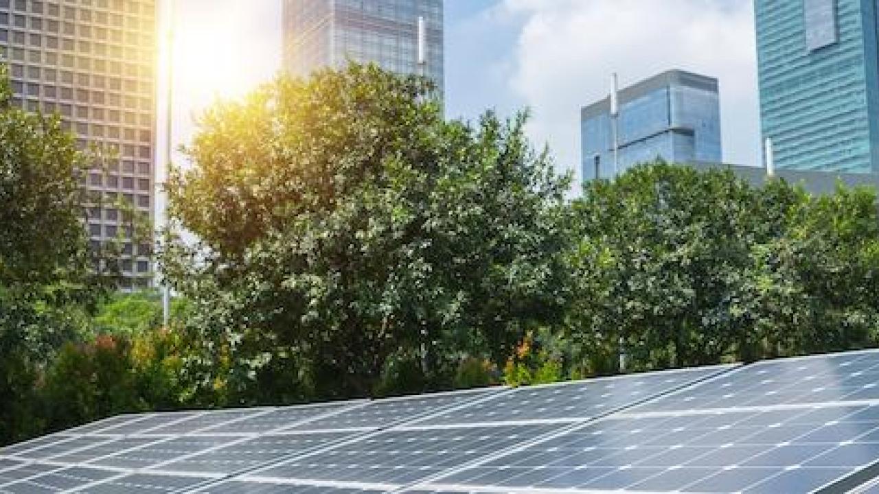 Solar panels shown against rising sun.