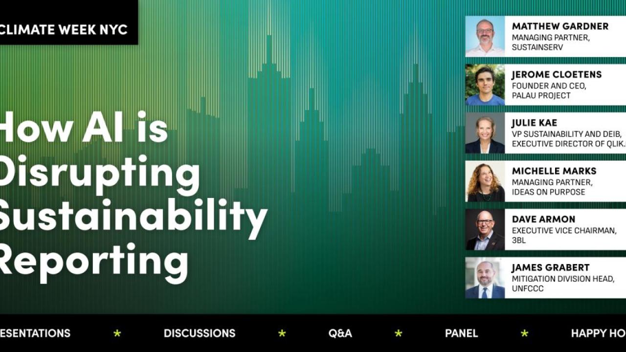 "How AI is Disrupting Sustainability Reporting" with headshots of speakers