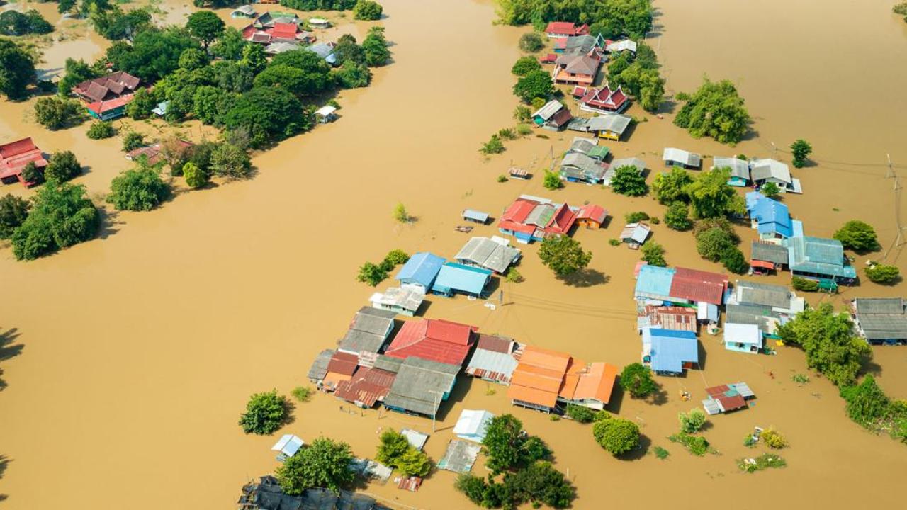 Birds eye view of flooded land