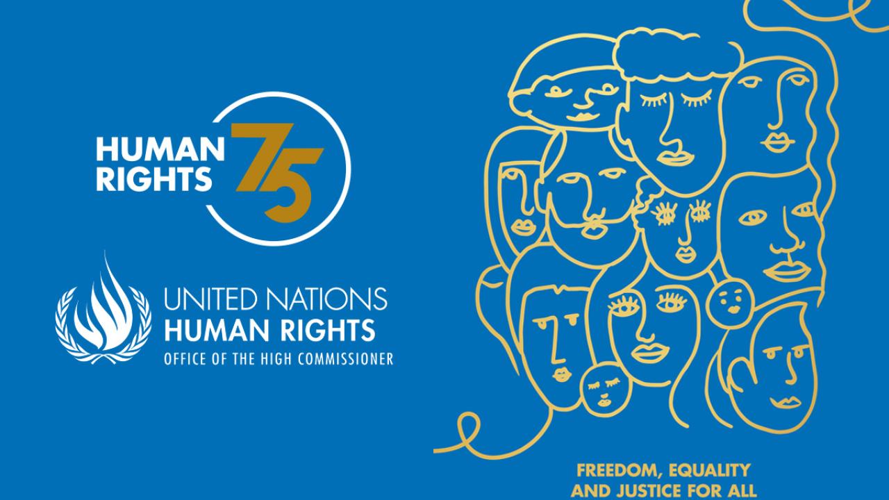 On a blue background "Human Rights 75" and outline sketches on different faces. 
