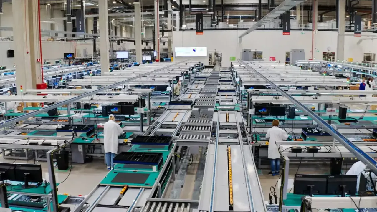 Aerial view of a large factory production line