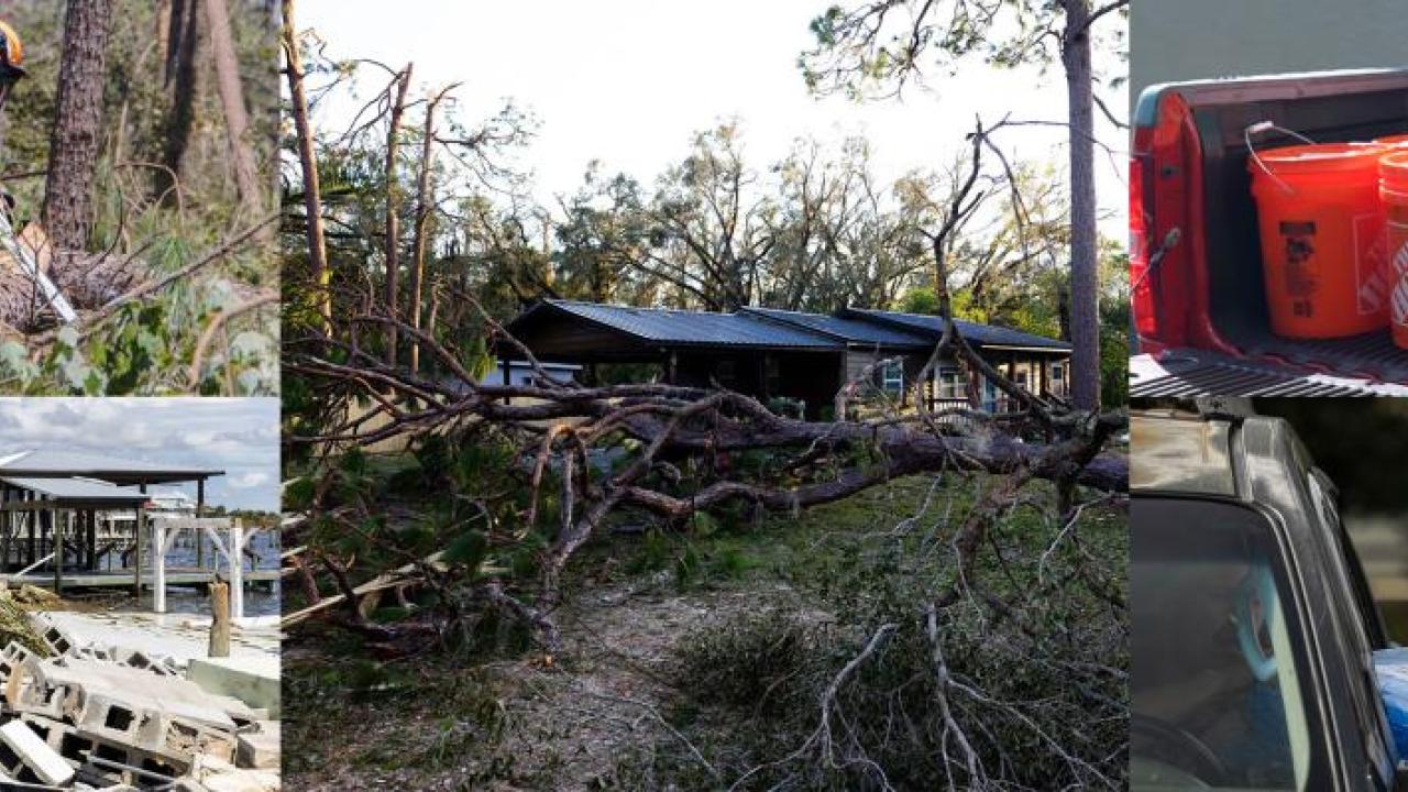 collage of several images of hurricane damage and of volunteers assisting