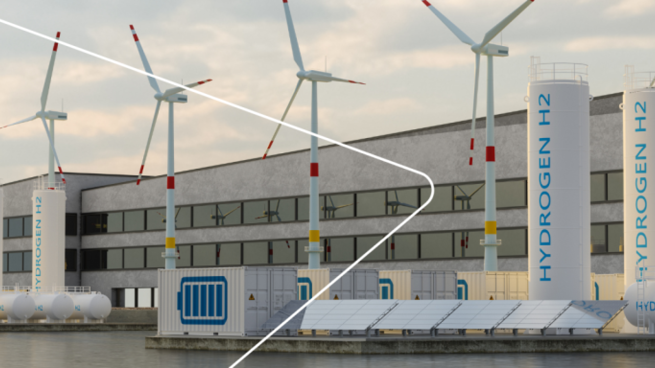 Exterior of a building with Hydrogen storage tanks and wind turbines surrounding it.