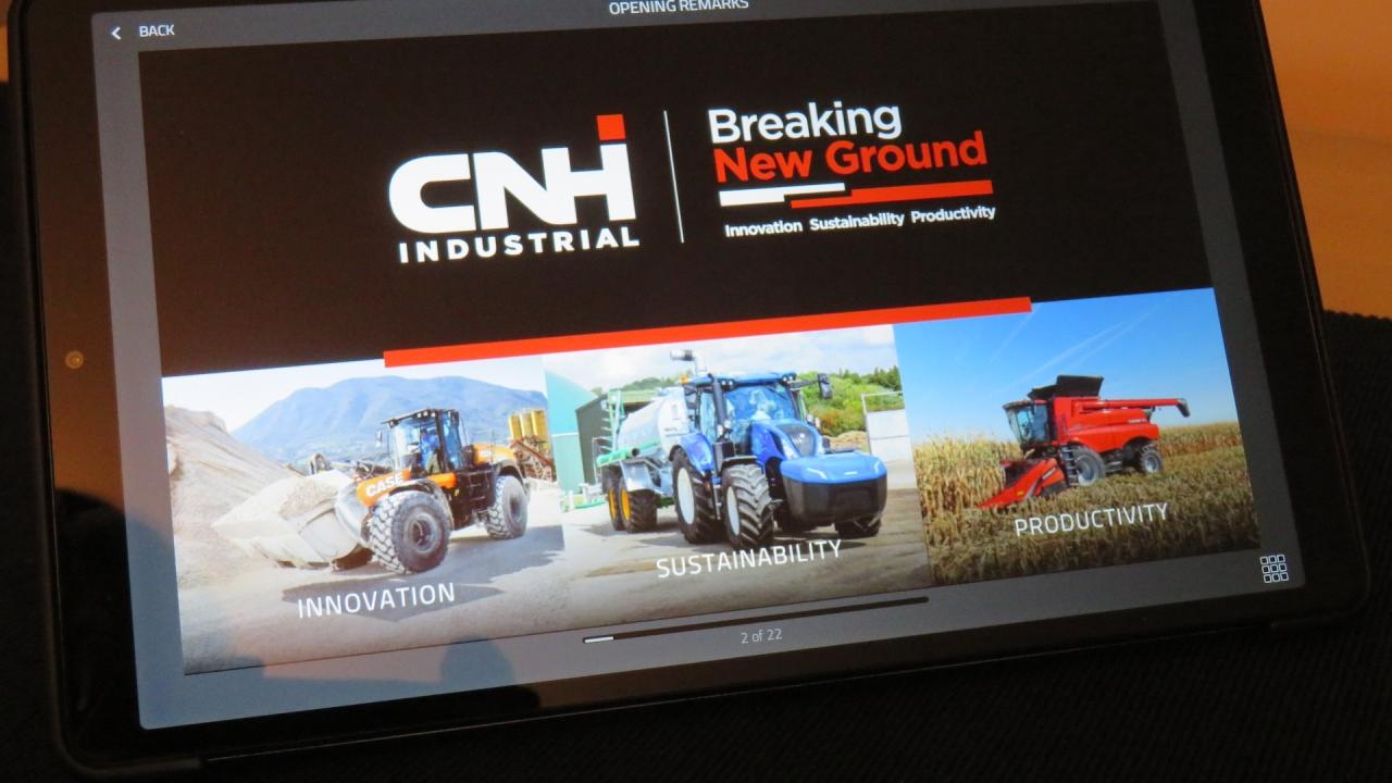 table reading "CNH Industrial Breaking New Ground" with images of tractors