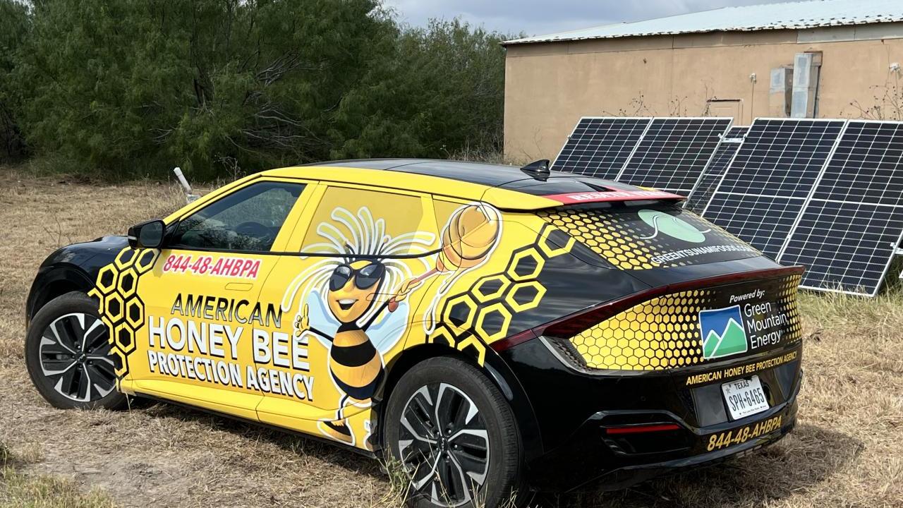 Yellow and black KIA parked in front of ground-mounted solar array 