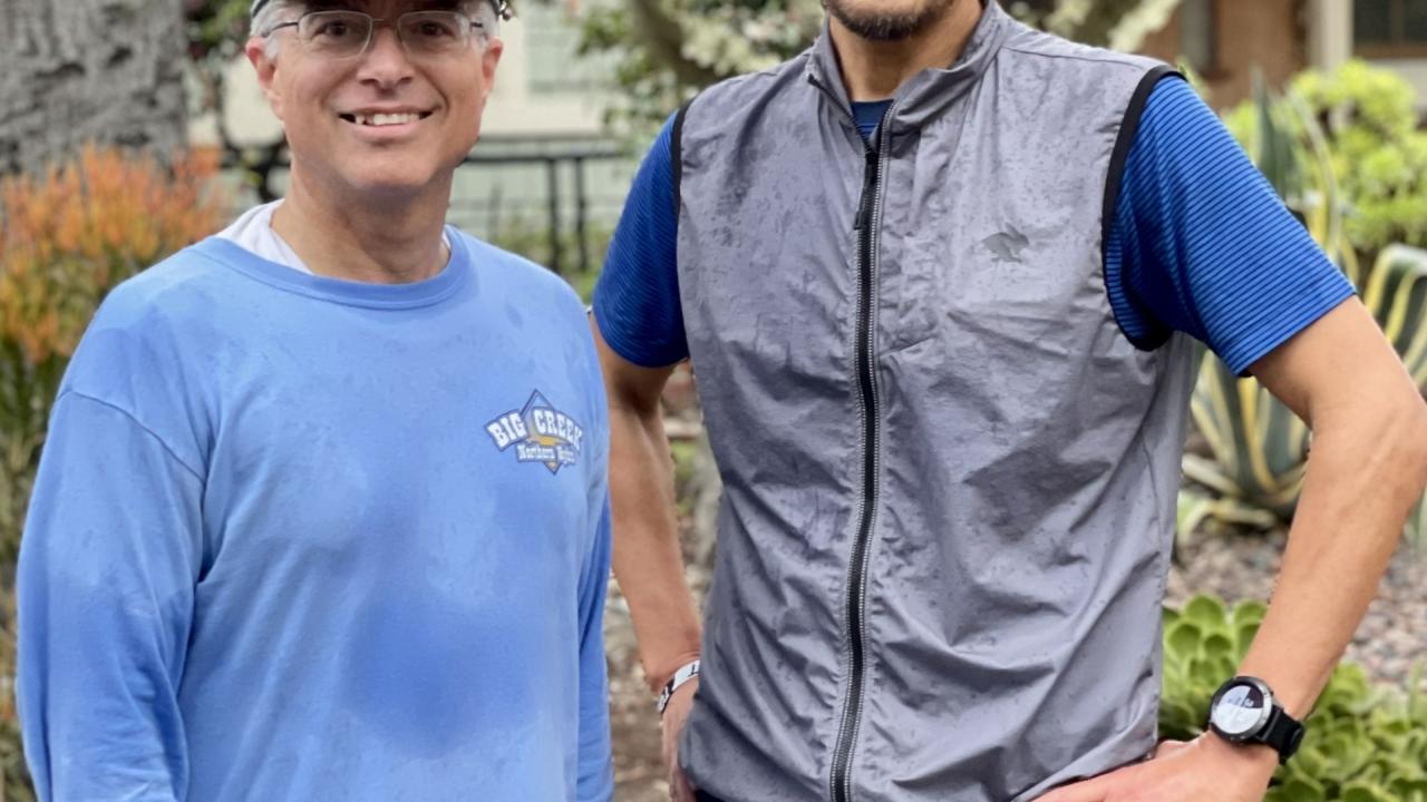 Edison International President and CEO Pedro J. Pizarro relaxes after a run with liver transplant recipient Phil Shin.