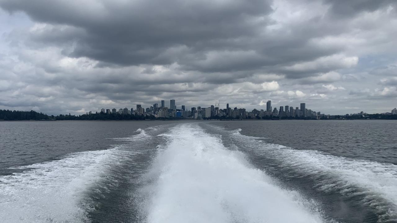 wake of a boat on a cloudy day