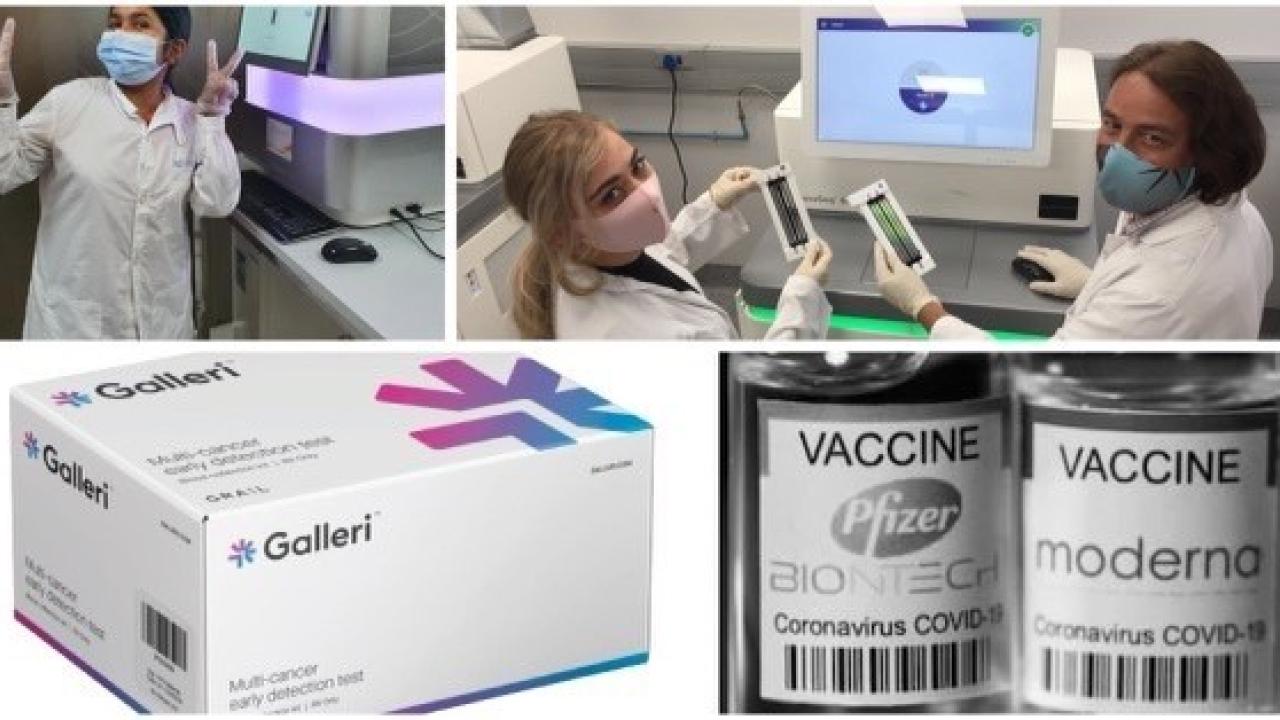 Clockwise from top left: Afroza Tanni loading samples at Dr. Senjuti Saha's lab in Bangladesh; Dr. de Oliveira's lab in South Africa; Pfizer/BioNtech and Moderna mRNA vaccines; Grail Galleri Multi-cancer early detection test kit