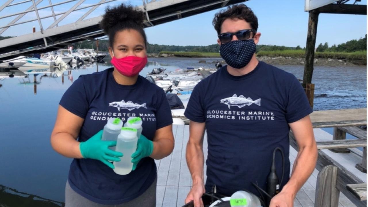 Research Scientist Tim O'Donnell teaches Gloucester Biotechnology Academy student Tamia Buckley proper water sampling techniques during her internship at GMGI.