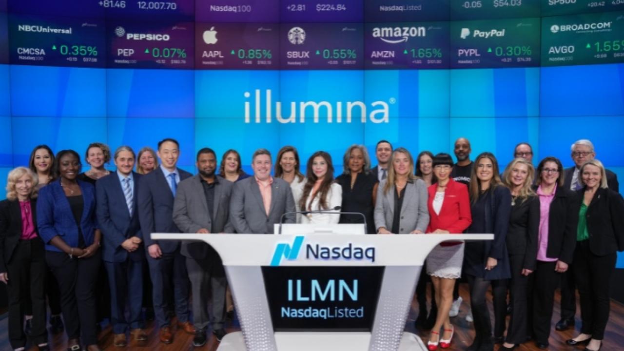 Illumina team shown at the bell ringing at Nasdaq.