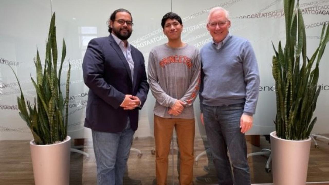 SD2's H. Puentes and student Alejandro Pliego visit with Illumina Chief Public Affairs Officer John Frank at the company's San Diego HQ.