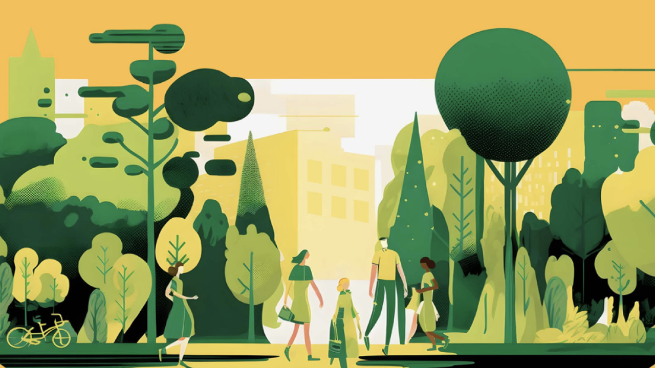 Illustration of 4 people walking through a forest