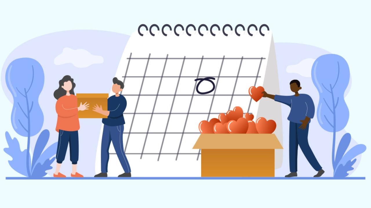 An illustration of a desk calendar, with a box of hearts and people helping each other