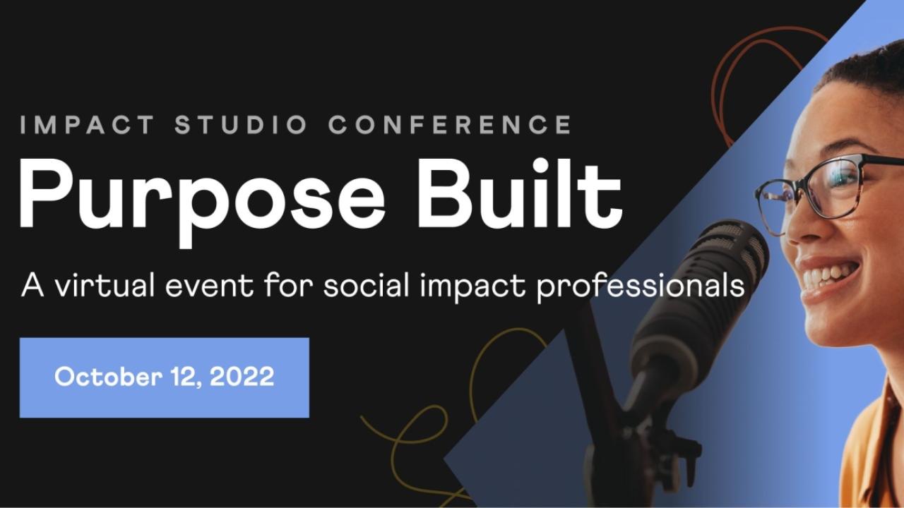 Impact Studio Conference information flyer with woman speaking into microphone