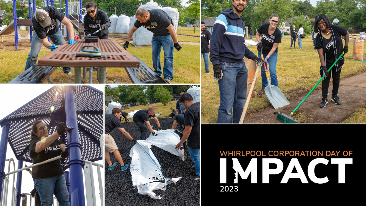 Collage of different volunteers in matching shirts making repairs to a playground.