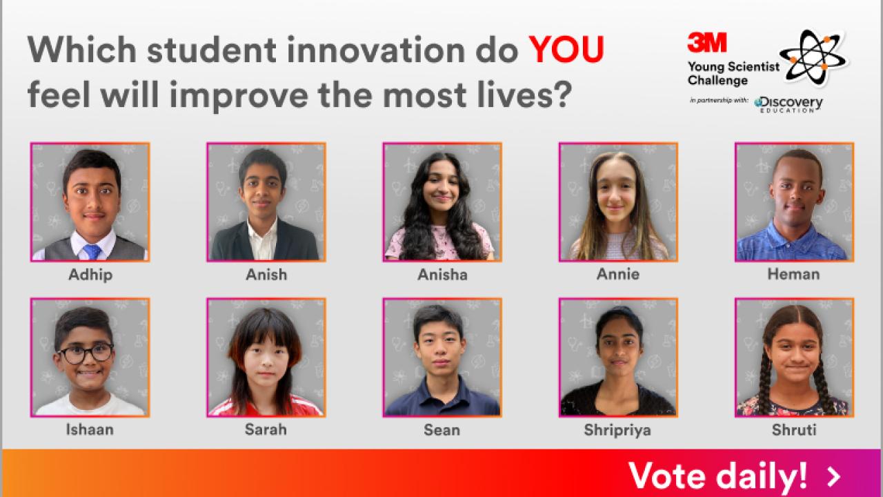 "Which student innovation do YOU feel will improve the most lives?" with headshots of students