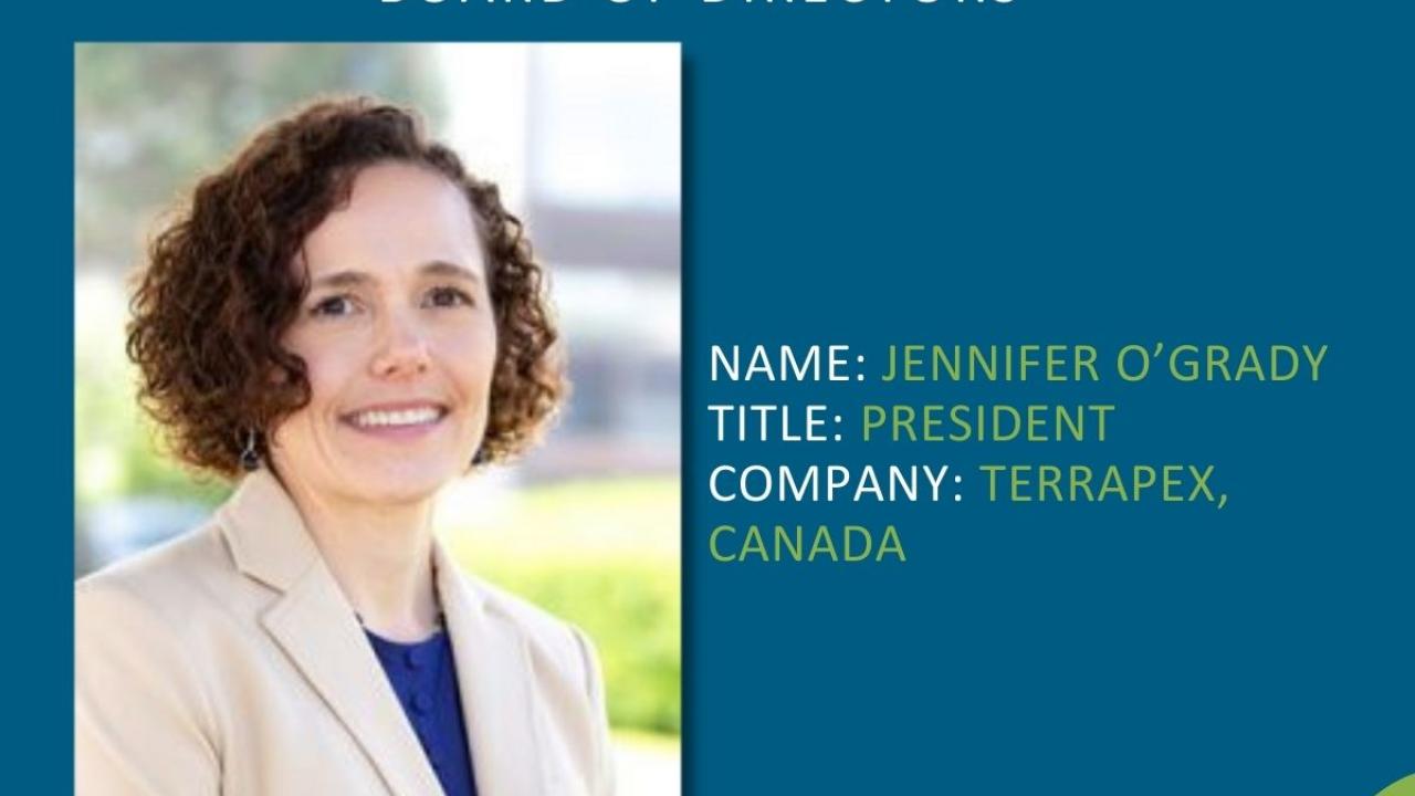 Headshot of Jennifer with the text, "Meet the Board! Get to know the Inogen Alliance board of directors. Name: Jennifer O'Grady. Title: President. Company: Terrapex, Canada"