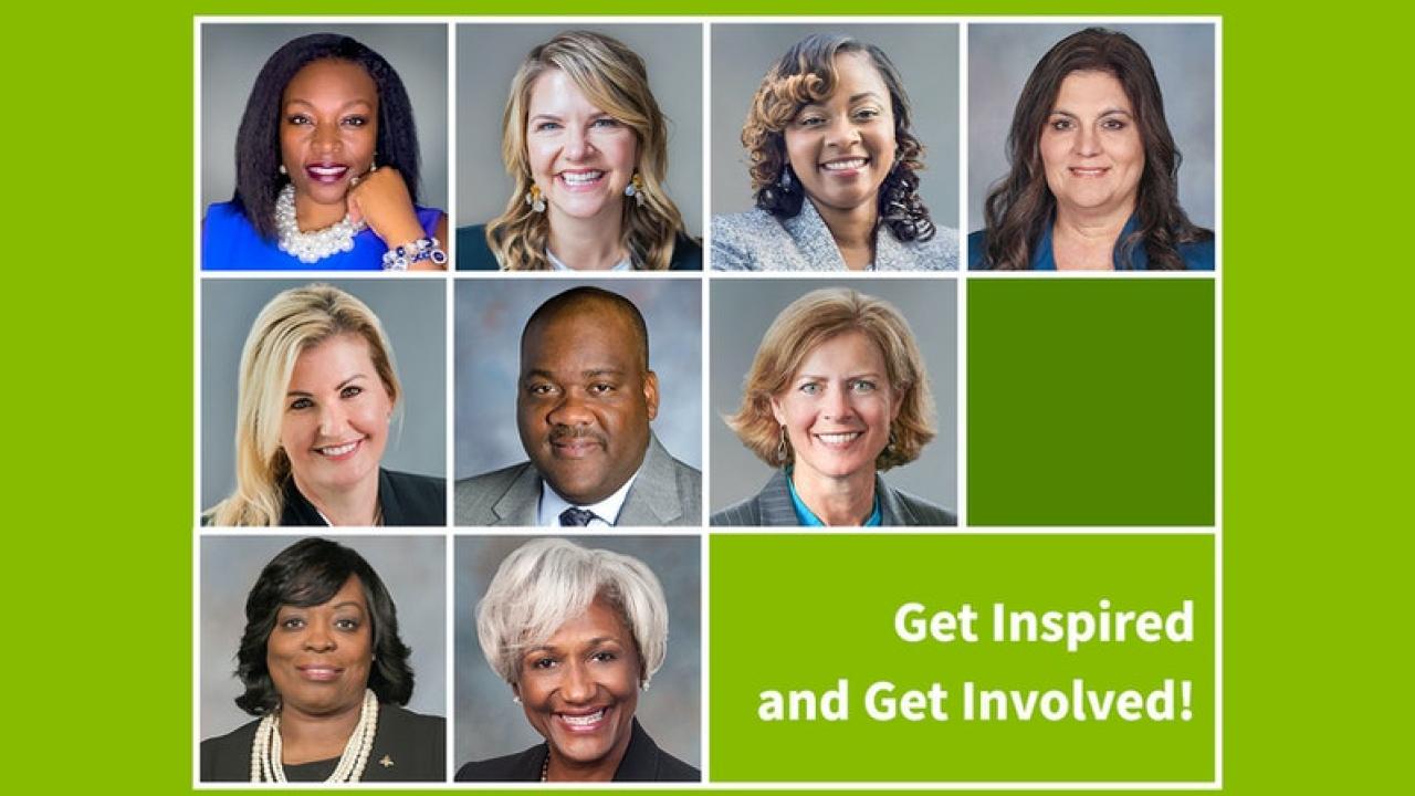 Photos of nine people with the text "Get Inspired, and Get Involved!"