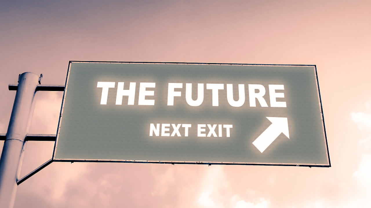 image of a sign that reads: The future, Next exit