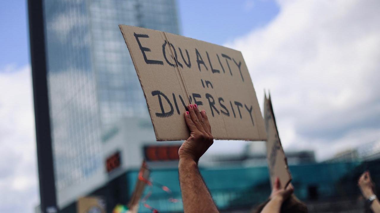 A hand holding up a cardboard sign "Equality in Diversity". A tall building in the distance.
